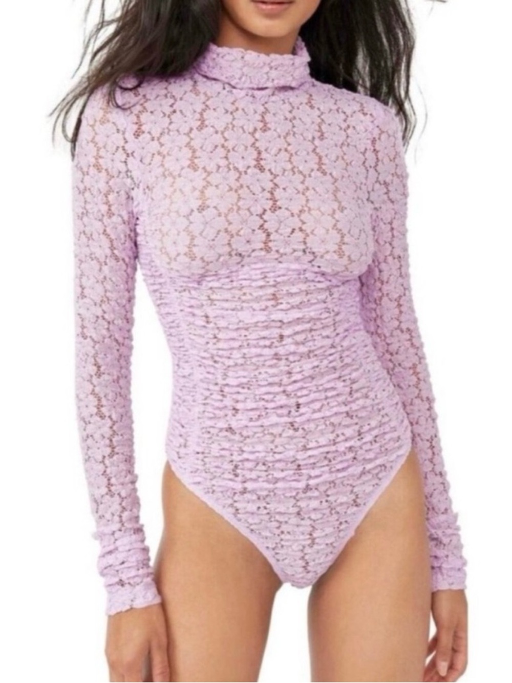 Free People Lilac Lace Long-Sleeve Ruched Bodysuit
